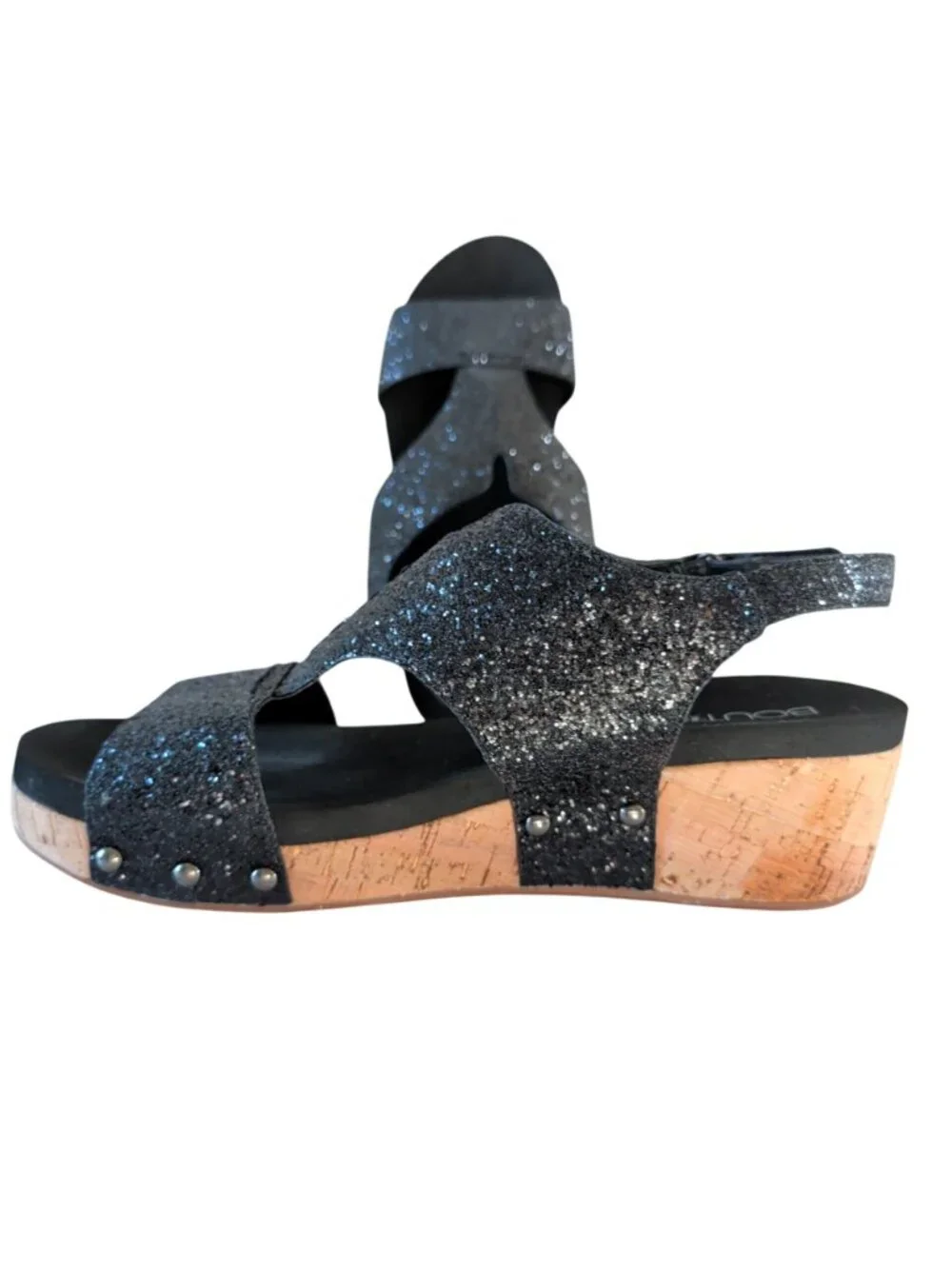Boutique by Corkys Refreshing Sandals Womens 11 Black Glitter Cork Wedge Studded